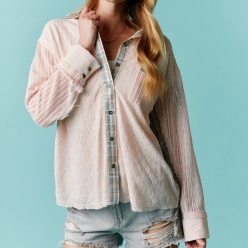 Fantastic Fawn Patchwork Button Down Shirt, Oversized Small, PTP 25”, NWT